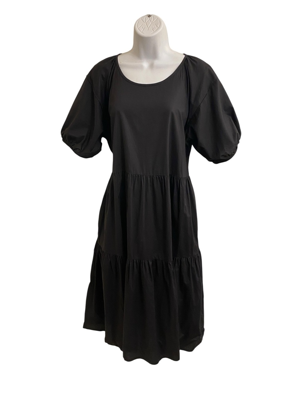 EVERLANE Black Puff-Sleeve Tiered Midi Dress Size 6 Crisp Airy Cotton Breezy - Picture 10 of 12